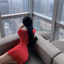Load image into Gallery viewer, Summer short-sleeved slim dress women&#39;s ultra-short mini dress V-neck single-breasted short dress light blue red