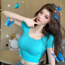 Load image into Gallery viewer, Summer short-sleeved tops women's tight-fitting short sports T-shirt casual wild U-neck top blue white orange