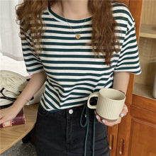 Load image into Gallery viewer, Summer simple striped drawstring short T-shirt women loose round neck short-sleeved short-sleeved women's top