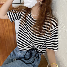 Load image into Gallery viewer, Summer simple striped drawstring short T-shirt women loose round neck short-sleeved short-sleeved women's top