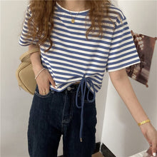 Load image into Gallery viewer, Summer simple striped drawstring short T-shirt women loose round neck short-sleeved short-sleeved women's top