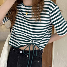 Load image into Gallery viewer, Summer simple striped drawstring short T-shirt women loose round neck short-sleeved short-sleeved women's top
