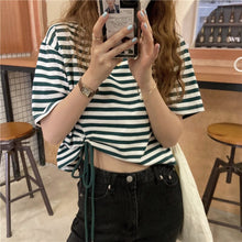 Load image into Gallery viewer, Summer simple striped drawstring short T-shirt women loose round neck short-sleeved short-sleeved women's top