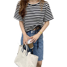 Load image into Gallery viewer, Summer simple striped drawstring short T-shirt women loose round neck short-sleeved short-sleeved women's top