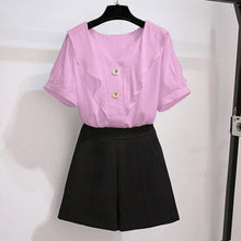 Load image into Gallery viewer, Summer suit shorts female plus size 2021 new Korean version of the ruffled V-neck top high waist casual shorts two-piece suit