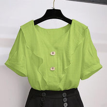 Load image into Gallery viewer, Summer suit shorts female plus size 2021 new Korean version of the ruffled V-neck top high waist casual shorts two-piece suit
