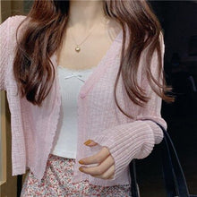 Load image into Gallery viewer, Summer thin V-neck knitted cardigan women&#39;s short air-conditioned shirt shawl with skirt ice silk sunscreen coat  sweaters