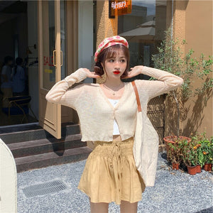 Summer thin V-neck knitted cardigan women's short air-conditioned shirt shawl with skirt ice silk sunscreen coat  sweaters