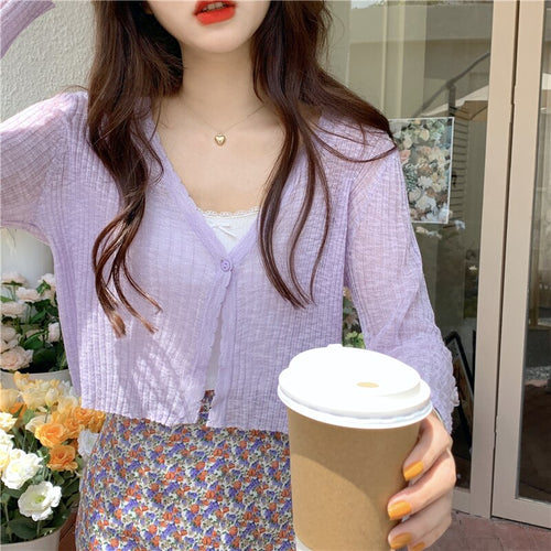 Summer thin V-neck knitted cardigan women's short air-conditioned shirt shawl with skirt ice silk sunscreen coat  sweaters