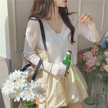 Load image into Gallery viewer, Summer thin V-neck knitted cardigan women&#39;s short air-conditioned shirt shawl with skirt ice silk sunscreen coat  sweaters