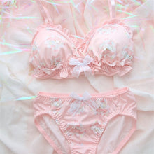 Load image into Gallery viewer, Super Cute Pink Anime My Melody Pattern Sweet Lace Bow Flouncing Underwear Set No Rims Bra Japanese Sexy Bra &amp; Panties Set