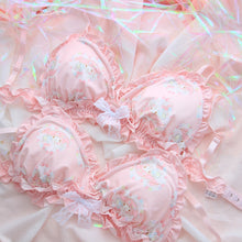 Load image into Gallery viewer, Super Cute Pink Anime My Melody Pattern Sweet Lace Bow Flouncing Underwear Set No Rims Bra Japanese Sexy Bra &amp; Panties Set