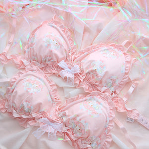 Super Cute Pink Anime My Melody Pattern Sweet Lace Bow Flouncing Underwear Set No Rims Bra Japanese Sexy Bra & Panties Set