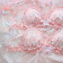 Load image into Gallery viewer, Super Cute Pink Anime My Melody Pattern Sweet Lace Bow Flouncing Underwear Set No Rims Bra Japanese Sexy Bra &amp; Panties Set