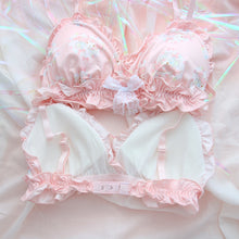 Load image into Gallery viewer, Super Cute Pink Anime My Melody Pattern Sweet Lace Bow Flouncing Underwear Set No Rims Bra Japanese Sexy Bra &amp; Panties Set