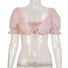 Load image into Gallery viewer, Super Short Tank Tops for Women Sexy Ruffles Crop Tops Puff Sleeve Sweet Korean Tops Solid Rebbons Tops Female