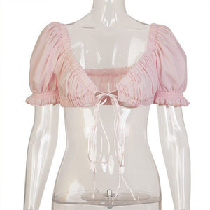 Super Short Tank Tops for Women Sexy Ruffles Crop Tops Puff Sleeve Sweet Korean Tops Solid Rebbons Tops Female