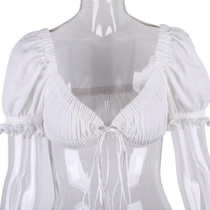 Super Short Tank Tops for Women Sexy Ruffles Crop Tops Puff Sleeve Sweet Korean Tops Solid Rebbons Tops Female