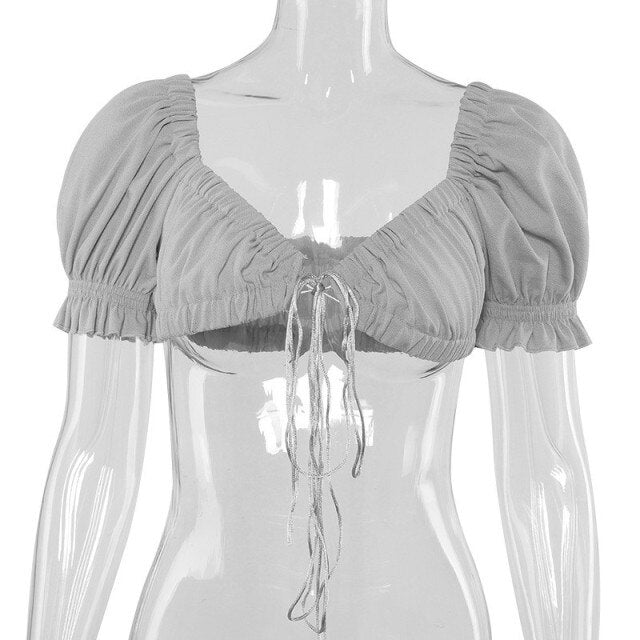 Super Short Tank Tops for Women Sexy Ruffles Crop Tops Puff Sleeve Sweet Korean Tops Solid Rebbons Tops Female