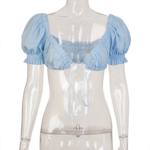 Super Short Tank Tops for Women Sexy Ruffles Crop Tops Puff Sleeve Sweet Korean Tops Solid Rebbons Tops Female
