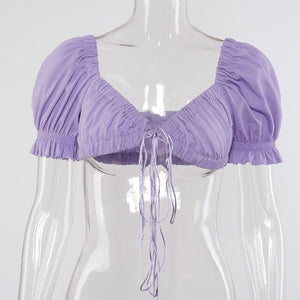 Super Short Tank Tops for Women Sexy Ruffles Crop Tops Puff Sleeve Sweet Korean Tops Solid Rebbons Tops Female