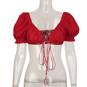 Super Short Tank Tops for Women Sexy Ruffles Crop Tops Puff Sleeve Sweet Korean Tops Solid Rebbons Tops Female