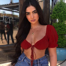 Load image into Gallery viewer, Super Short Tank Tops for Women Sexy Ruffles Crop Tops Puff Sleeve Sweet Korean Tops Solid Rebbons Tops Female