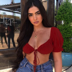 Super Short Tank Tops for Women Sexy Ruffles Crop Tops Puff Sleeve Sweet Korean Tops Solid Rebbons Tops Female
