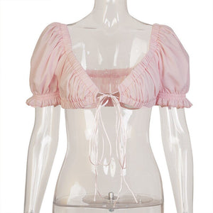 Super Short Tank Tops for Women Sexy Ruffles Crop Tops Puff Sleeve Sweet Korean Tops Solid Rebbons Tops Female