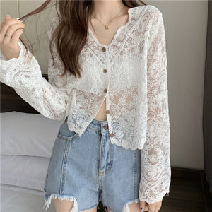 Super fairy sunscreen clothing women new thin loose mesh hollow blouse lace shirt shawl small jacket top za  blusas y camisas