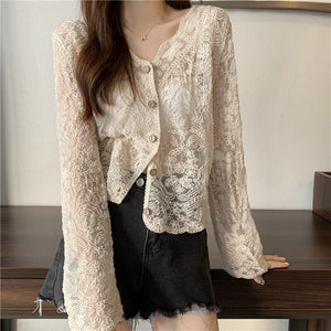 Super fairy sunscreen clothing women new thin loose mesh hollow blouse lace shirt shawl small jacket top za  blusas y camisas