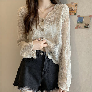 Super fairy sunscreen clothing women new thin loose mesh hollow blouse lace shirt shawl small jacket top za  blusas y camisas