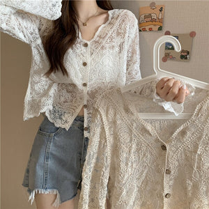 Super fairy sunscreen clothing women new thin loose mesh hollow blouse lace shirt shawl small jacket top za  blusas y camisas