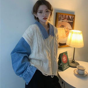 Sweater Women Autumn Fake Two-piece Shirt Cowboy Long Sleeve Stitched Knitted Sweaters Design Sense Top Fashion Pullover Korean