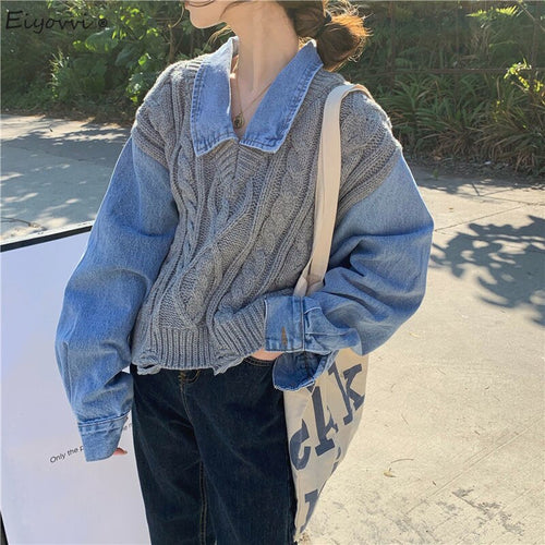 Sweater Women Autumn Fake Two-piece Shirt Cowboy Long Sleeve Stitched Knitted Sweaters Design Sense Top Fashion Pullover Korean