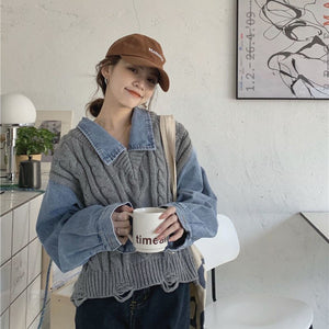 Sweater Women Autumn Fake Two-piece Shirt Cowboy Long Sleeve Stitched Knitted Sweaters Design Sense Top Fashion Pullover Korean