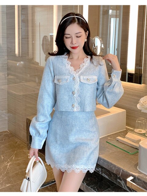 Sweet 2 Piece Outfit Women Set Fall/Winter New Lace V-neck Crop Jacket&Coat+Skirt Fashion Elegant Korean Two-piece Set Women