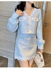 Load image into Gallery viewer, Sweet 2 Piece Outfit Women Set Fall/Winter New Lace V-neck Crop Jacket&amp;Coat+Skirt Fashion Elegant Korean Two-piece Set Women