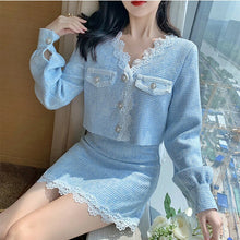 Load image into Gallery viewer, Sweet 2 Piece Outfit Women Set Fall/Winter New Lace V-neck Crop Jacket&amp;Coat+Skirt Fashion Elegant Korean Two-piece Set Women