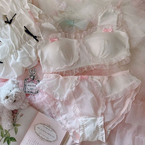 Sweet Cute Lolita Sexy Transparent Bra and Panty Sets Underwear Women Rabbit Lingerie Ruffles Intimates Mesh Tube Top Bras White