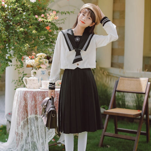 Sweet Cute Outfits Women JK Preppy Style Uniform Female Korean Embroidered Vintage Navy Collar Crop Top+Back Pleated Skirt Suit