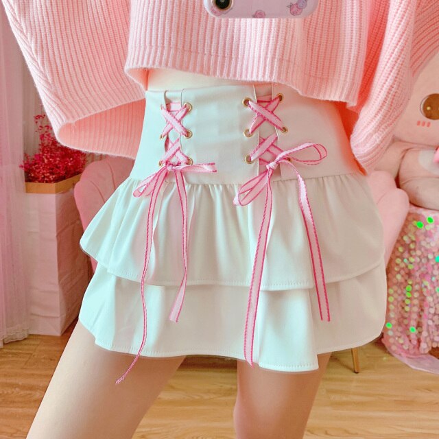 Sweet Cute Pink PU Skirts Spring Mori Girls High Waist Bandage Mini Skirts Kawaii Fashion Designed Japanese Flower Edge Jupe