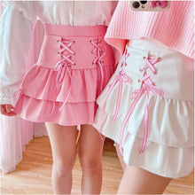Load image into Gallery viewer, Sweet Cute Pink PU Skirts Spring Mori Girls High Waist Bandage Mini Skirts Kawaii Fashion Designed Japanese Flower Edge Jupe
