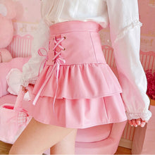 Load image into Gallery viewer, Sweet Cute Pink PU Skirts Spring Mori Girls High Waist Bandage Mini Skirts Kawaii Fashion Designed Japanese Flower Edge Jupe