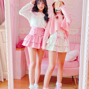 Sweet Cute Pink PU Skirts Spring Mori Girls High Waist Bandage Mini Skirts Kawaii Fashion Designed Japanese Flower Edge Jupe