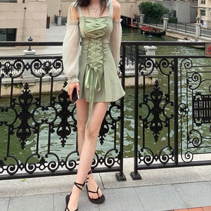 Sweet Elegant Dress Women Summer 2021 Bandage Sexy Casual Beach Party Mini Dresses Slim Puff Sleeve Slim Korean Fashion Sundress