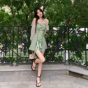 Sweet Elegant Dress Women Summer 2021 Bandage Sexy Casual Beach Party Mini Dresses Slim Puff Sleeve Slim Korean Fashion Sundress