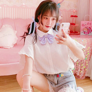 Sweet Flare Short Sleeve Shirts Vintage Summer 2022 All Match Cute White Tops Women Single Breasted Blouses Teen Girls