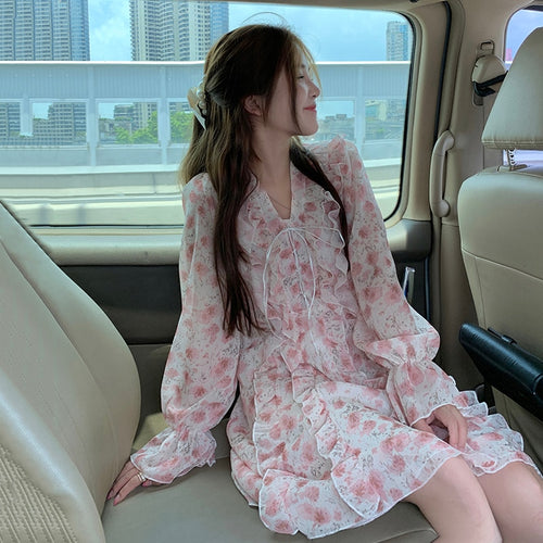 Sweet Floral Chiffon Dress Women's Spring Autumn Vintage Long Sleeve V-neck Fungus Lace Princess Evening Dress Vestidos Mujer