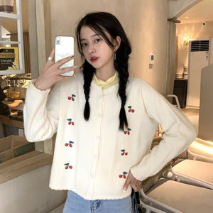 Sweet Floral Embroidered Knitted Cardigans Women O Neck Loose Casual Autumn Winter Sweater Coat Korean Style Chic Pull Femme
